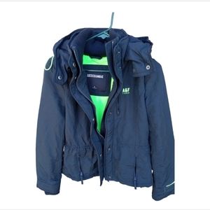 Abercrombie & Fitch Womens M puffer Jacket hoodie zip and snap blue lime green